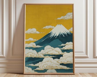 富士山ポスター、ティールとゴールドの日本画、縦長の山の壁アート