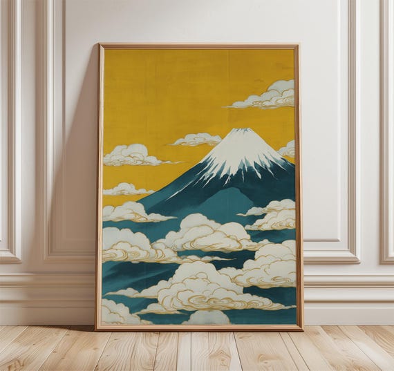 富士山ポスター、ティールとゴールドの日本画、縦長の山の壁アート