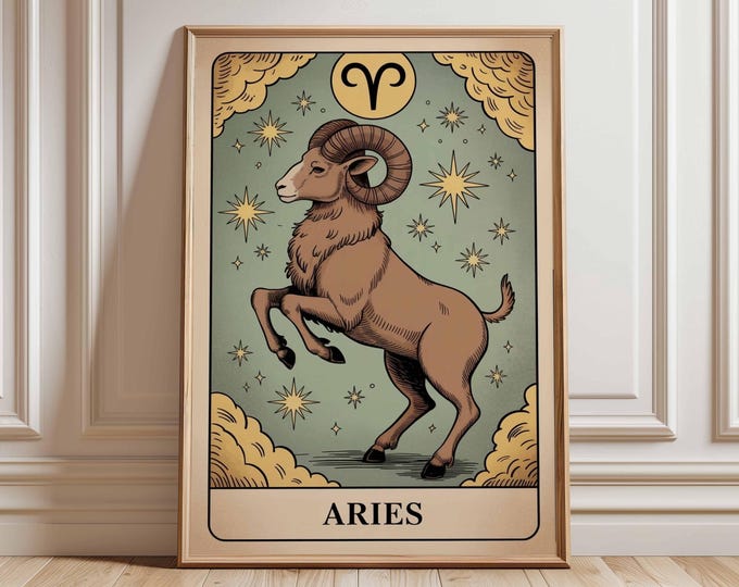 Aries Zodiac Sign Ram Art Print Poster, Mystical Illustration, Astrology Wall Decor Unique Spiritual Gift