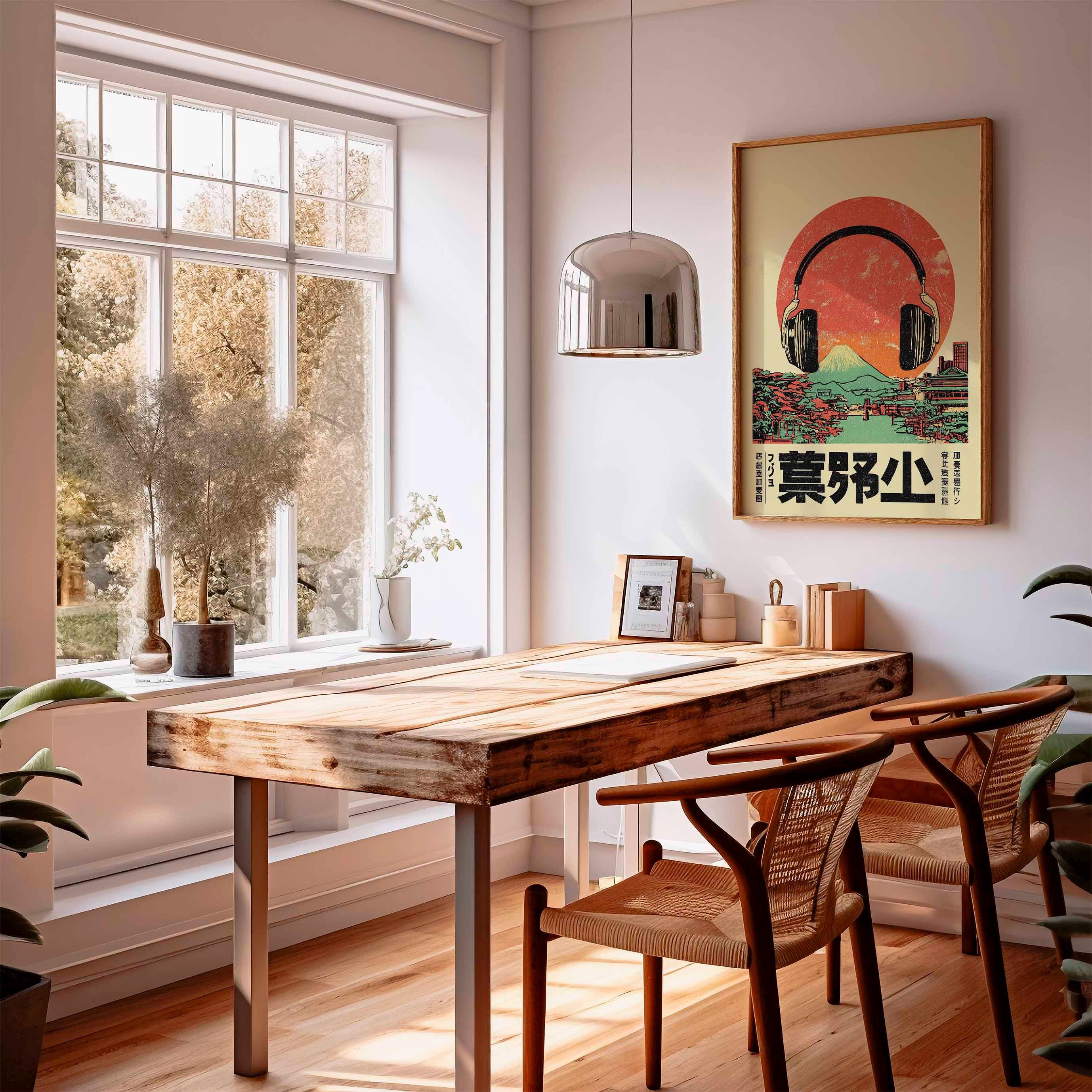 Retro Japanese Music Art Print, Headphones Mount Fuji Poster