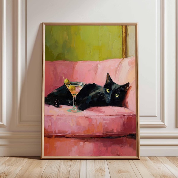 Svart katt loungeposter, rolig kattväggkonsttryck, retro oljemålningsstil, rosa soffa estetisk inredning, udda hembarkonstverk