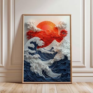 Japanese Wave Art Poster, Mount Fuji Sunset Wall Art, Hokusai Style Ocean Print, Asian Landscape Artwork, Red Sun Ocean Waves