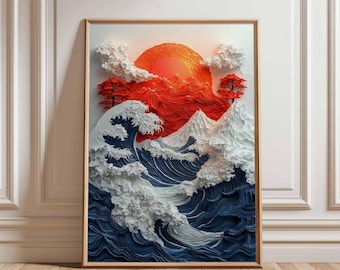 Japanese Wave Art Poster, Mount Fuji Sunset Wall Art, Hokusai