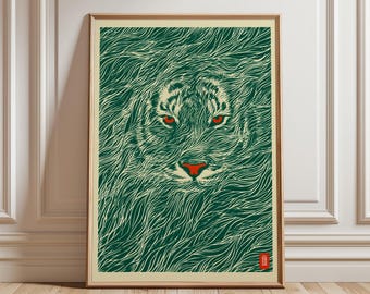 Abstract Tiger Face Poster, Japanese Linocut Animal Wall Art, Green Print