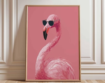 Cool Flamingo Wall Art, Funny Pink Bird Poster with Sunglasses, Tropical Animal Print, Summer Vibe Decor, Flamingo Room Artwork