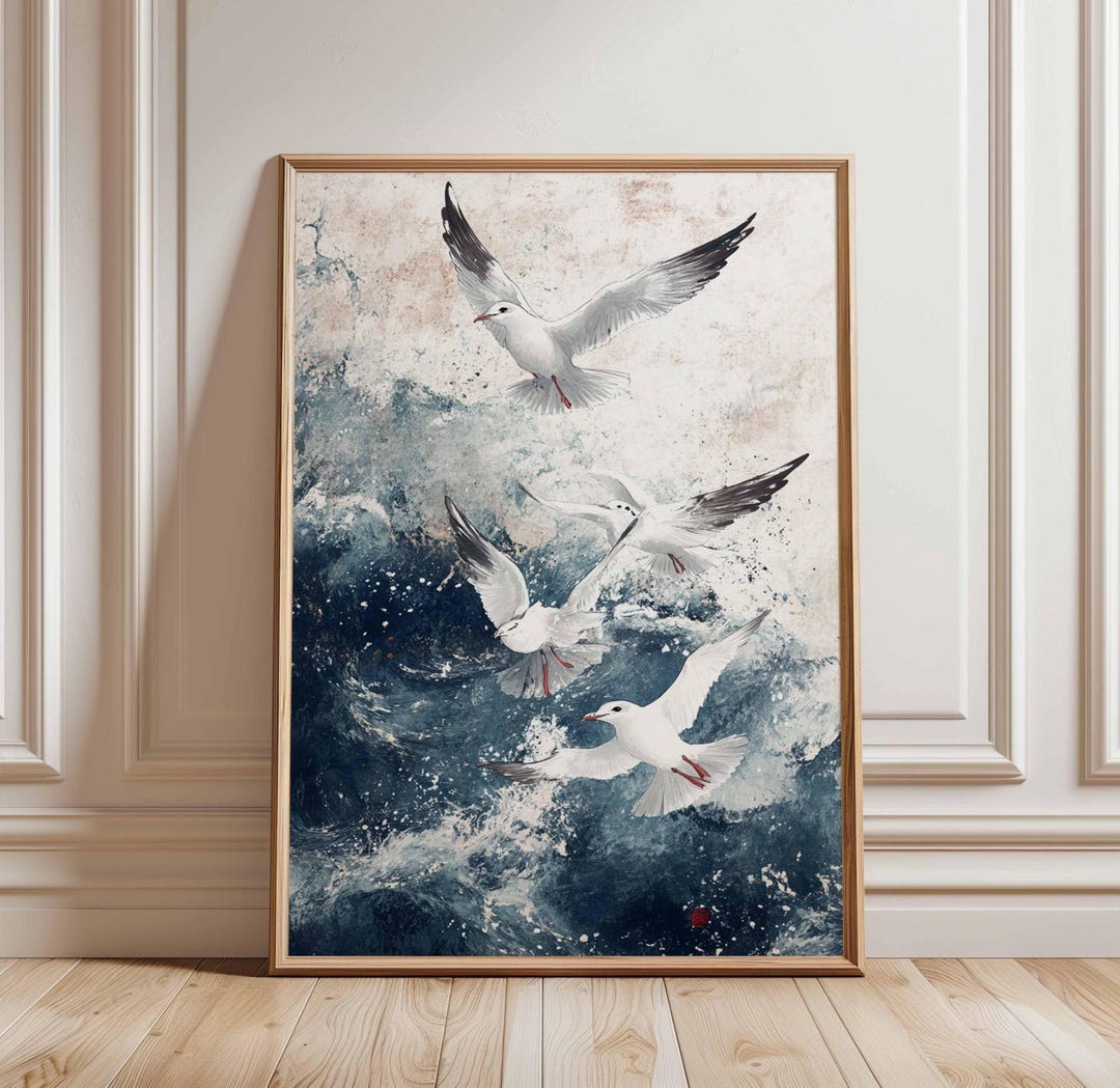 Seagulls in Waves Poster, Ocean Birds Art Print, Coastal Wall Art ...