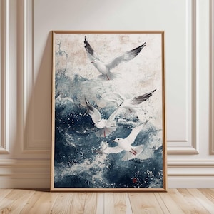 Seagulls in Waves Poster, Ocean Birds Art Print, Coastal Wall Art, Nature Seascape Decor, Flying Seagulls Print, Beach Art, Ocean Wave Art