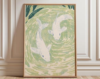 White Koi Fish Poster, Japanese Pond Wall Art, Minimalist Print