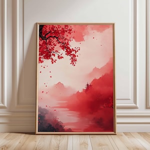 Póster de paisaje de árbol rojo, arte asiático de otoño rojo, pintura de inspiración japonesa, arte mural de flor de cerezo, impresión abstracta de naturaleza, decoración asiática