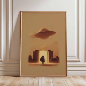 Cowboy and UFO Poster Print, Retro Sci-Fi Western Wall Art, Surreal Desert Landscape, Alien Spaceship Artwork, Futuristic Western Decor