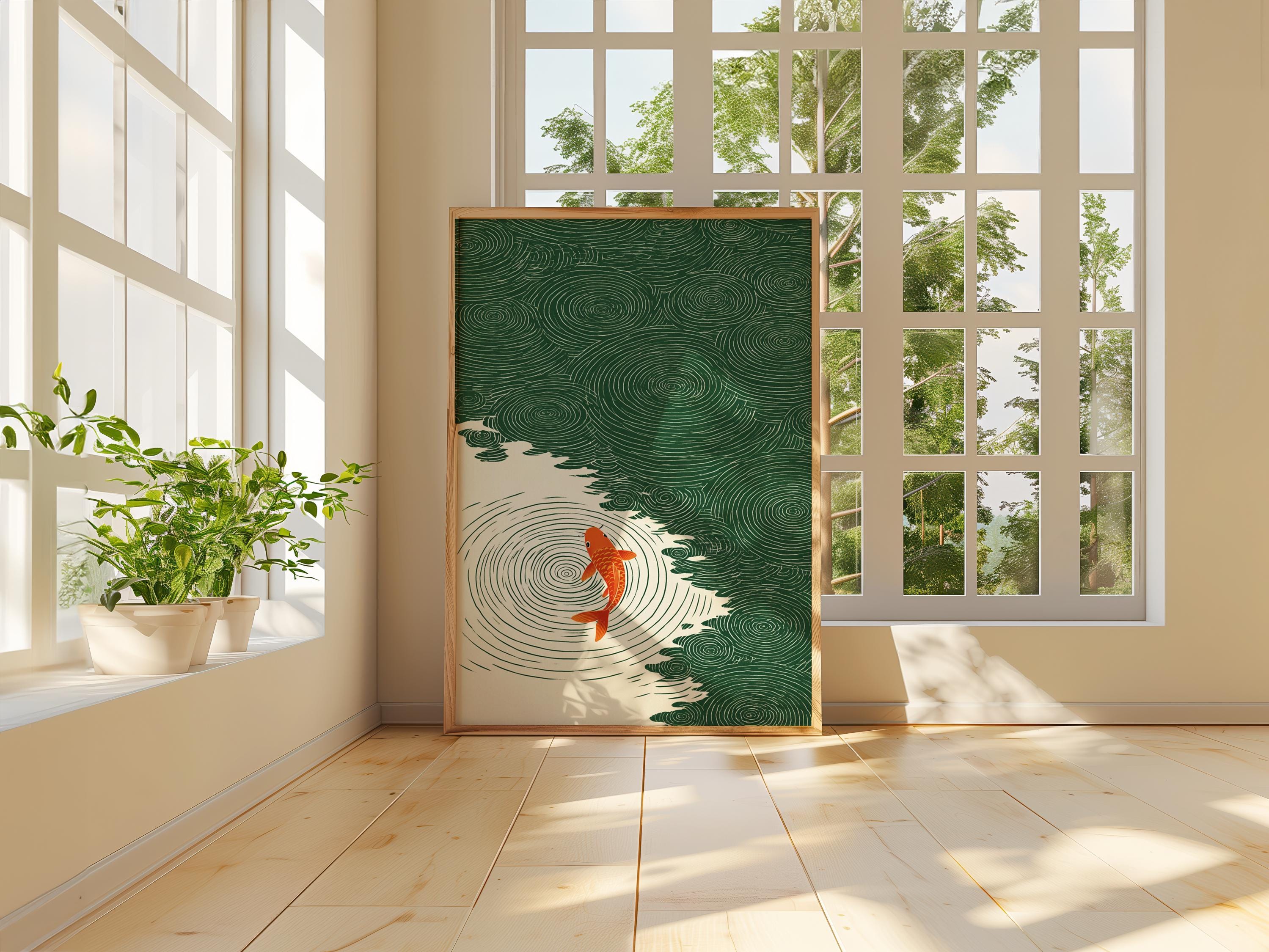 Koi Fish Wall Art, Japanese Ripple Illustration, Minimal Green
