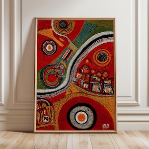 Puede incluir: Impresión artística abstracta enmarcada en un marco de madera. La obra presenta una vibrante composición de puntos y formas rojas, naranjas, negras y blancas. El diseño incluye elementos circulares y rectangulares, creando una experiencia visual dinámica. Firmado en la esquina inferior derecha.