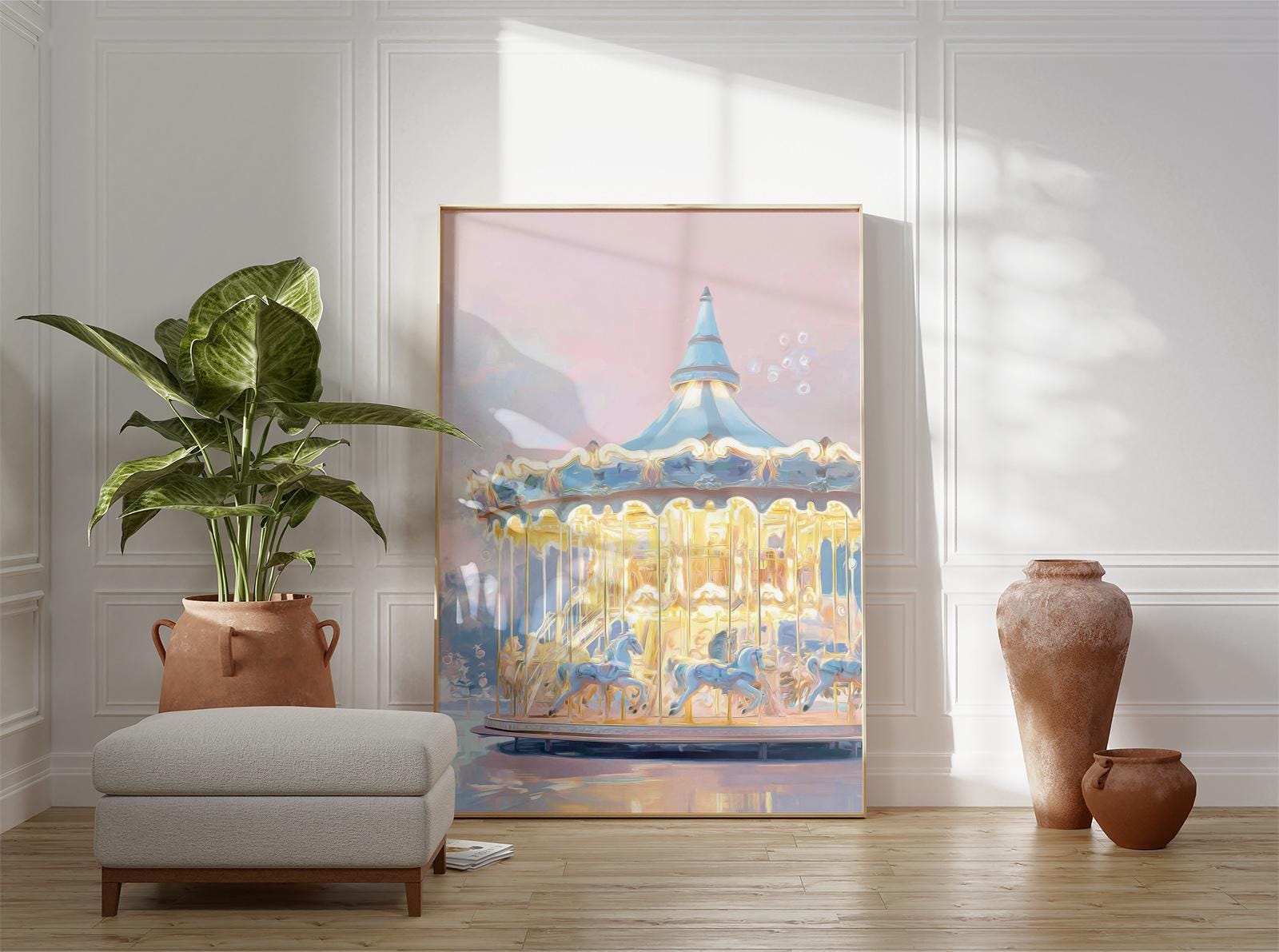 Vintage Carousel Art Print, Pastel Nursery Wall Decor, Dreamy Blue Pink ...
