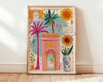 Moroccan Archway Poster, Boho Wall Art, Colorful Travel Print, Exotic Botanical Decor, Mediterranean Home Artwork