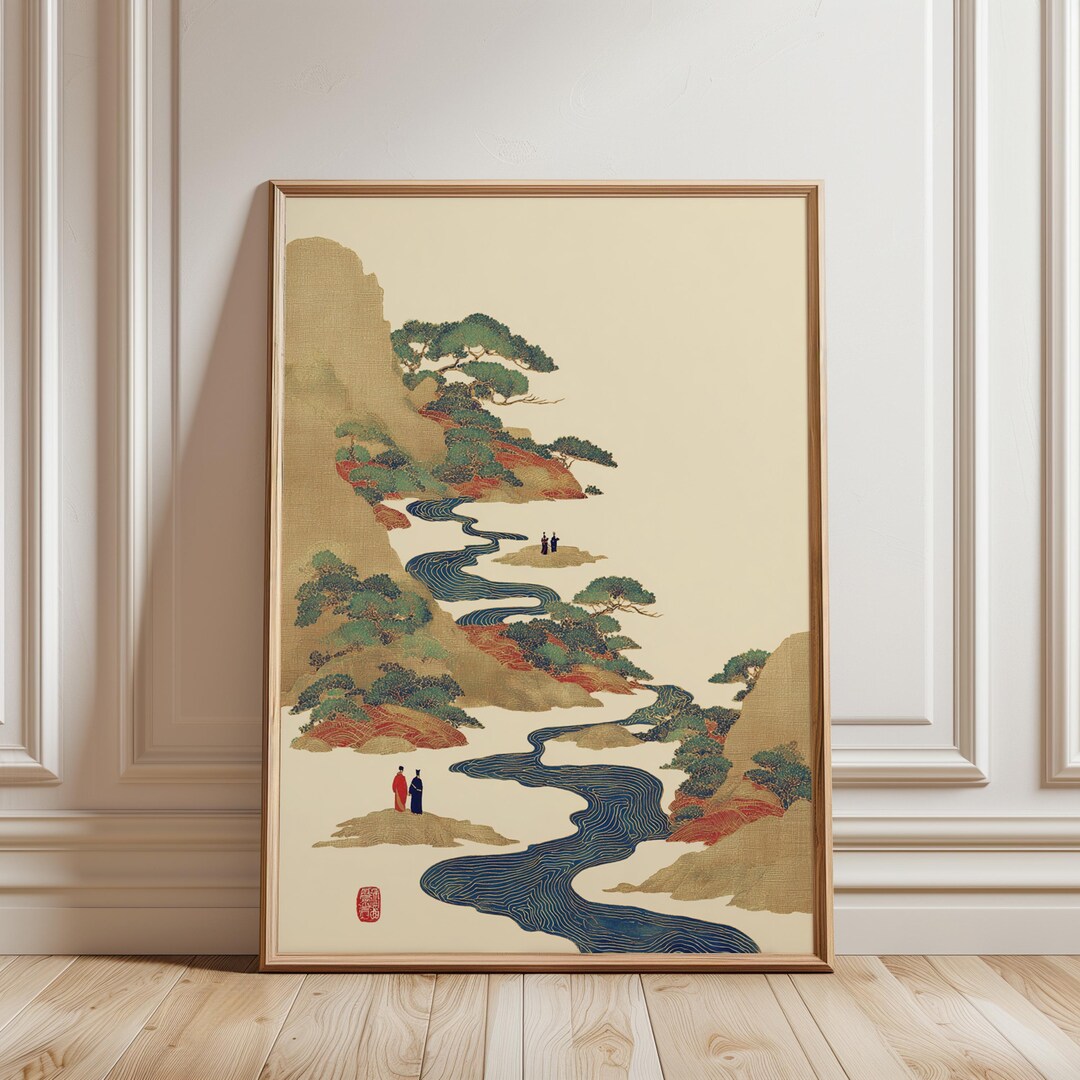 Japanese Landscape Art Print, Winding River Mountain Wall Decor, Zen ...