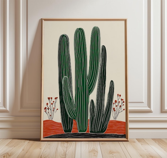 Cactus Wall Art Print, Modern Desert Poster, Green & Terracotta Botanical Illustration