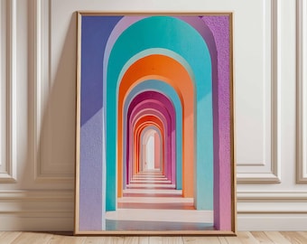 Bunte Bögen Poster, moderne geometrische Wandkunst, abstrakte Architektur, lebendiges minimalistisches Dekor, zeitgenössisches Kunstwerk