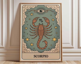 May include: Framed art print featuring a brown scorpion illustration with the word "SCORPIO" at the bottom. The artwork has a vintage aesthetic with a teal background, stars, and an eye symbol at the top.