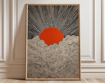 Rising Sun Poster, Minimal Japanese Line Art Wall Print in Modern