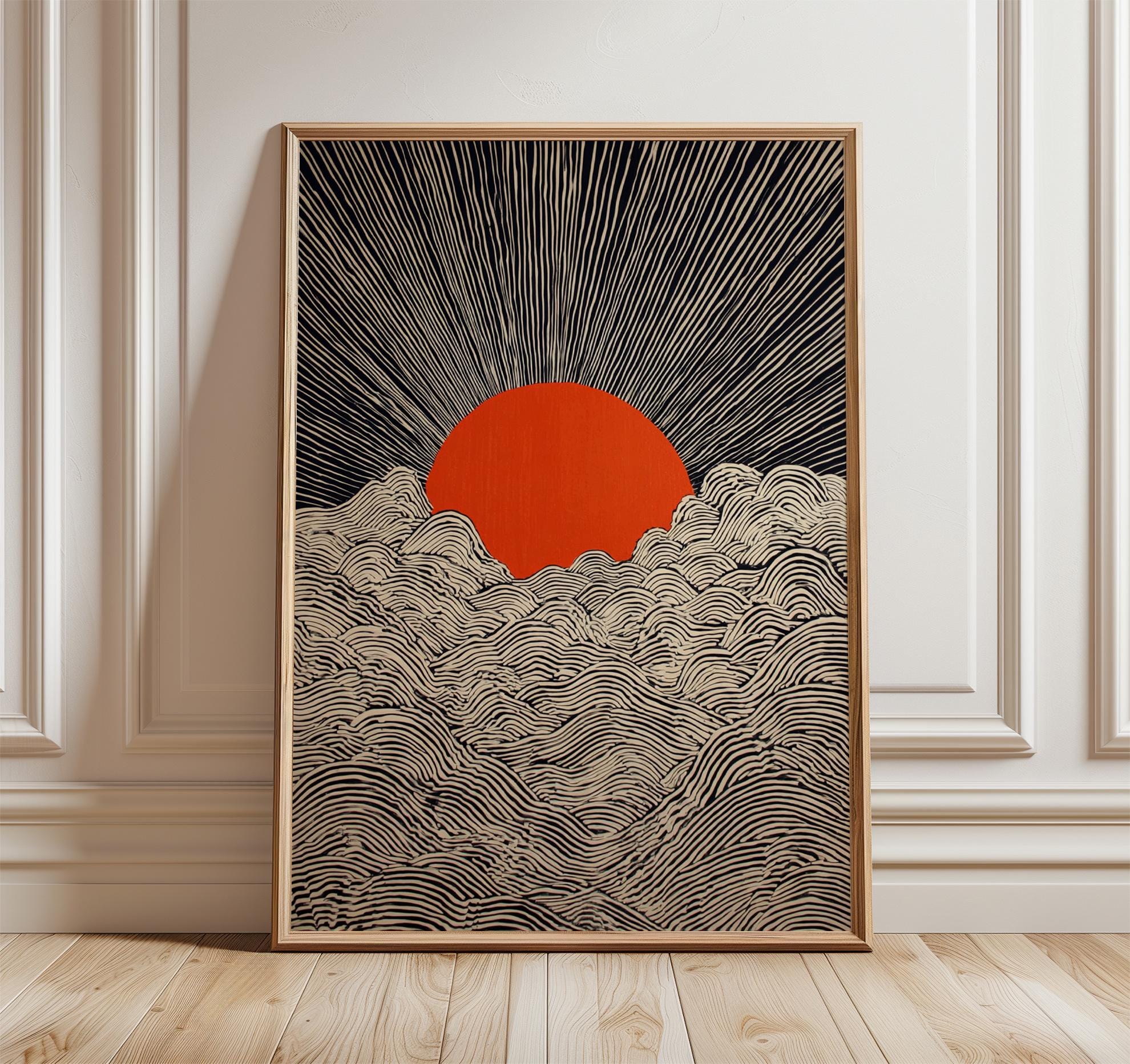 アートポスターダイアン・ロマネロ＜EVENING　SUN＞ Rising Sun Poster, Minimal Japanese Line Art Wall Print in Modern