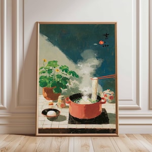 Japanese Ramen Noodle Art Print, Steamy Kitchen Wall Art, Retro Food Poster, Cozy Asian Cooking Illustration, Noodle Bowl Decor