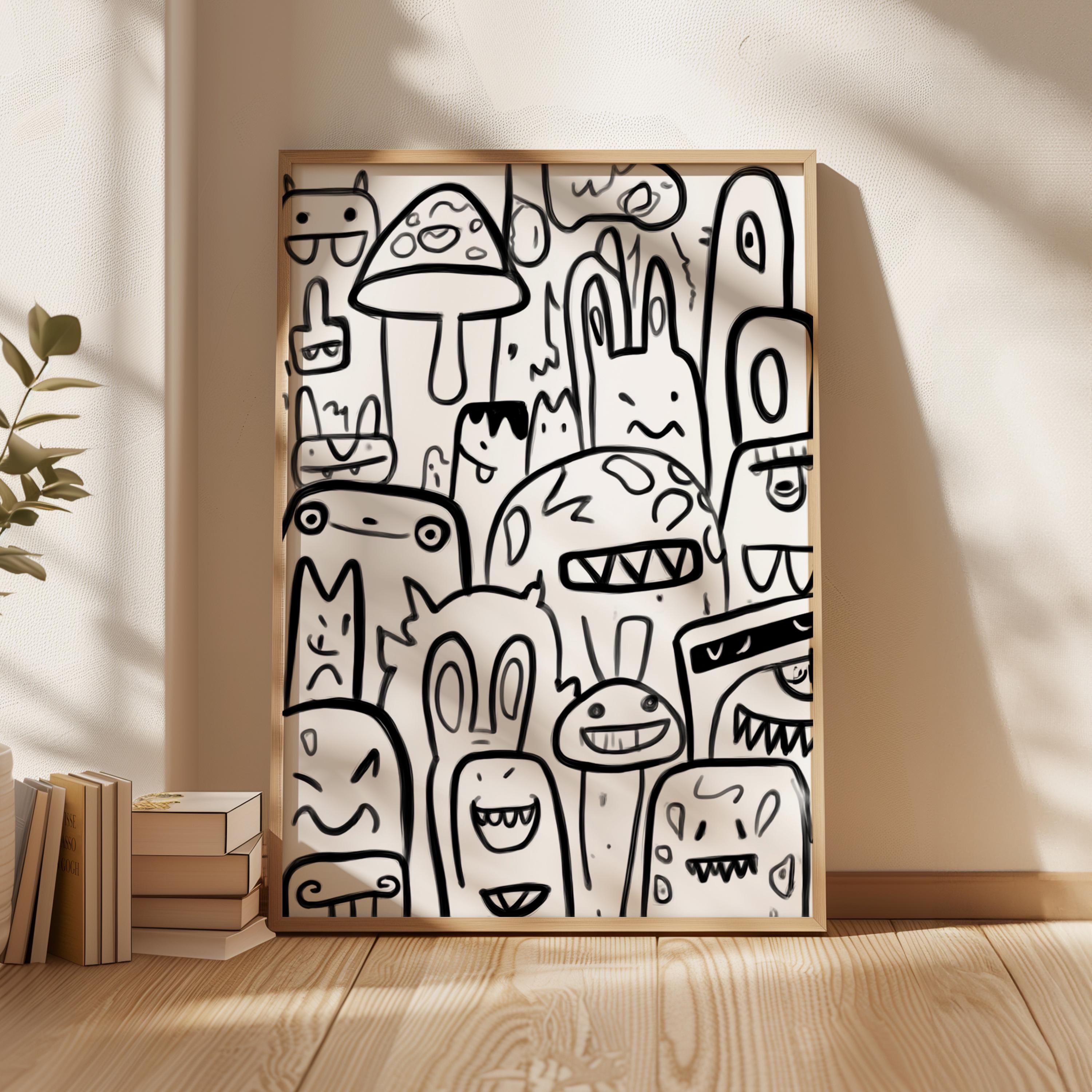 Black and White Doodle Art Print, Cartoon Monster Wall Art, Modern