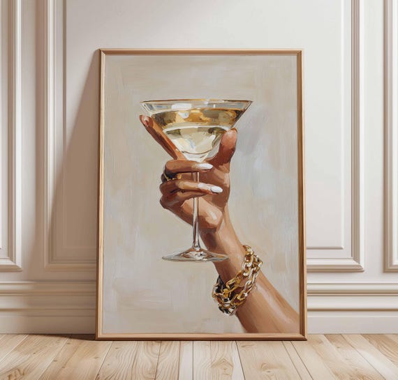 Chic Martini Glass Poster – Glam Wall Art with Hand Holding Cocktail, Fashion Bar Decor, Modern Champagne Print for Kitchen or Lounge