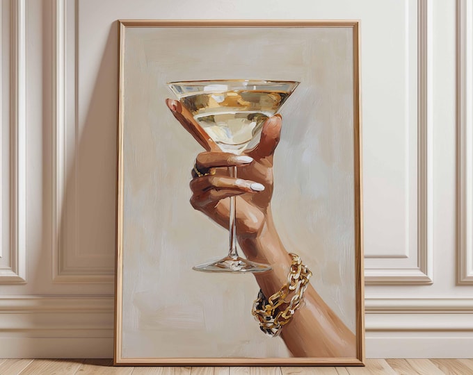 Chic Martini Glass Poster – Glam Wall Art with Hand Holding Cocktail, Fashion Bar Decor, Modern Champagne Print for Kitchen or Lounge