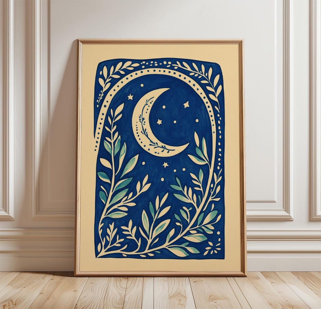 Crescent Moon Poster, Celestial Night Sky Wall Art Print, Botanical ...