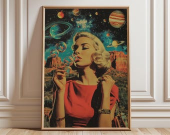 Retro Space Art Poster, Vintage Surreal Collage Print, Cosmic Pop Art Wall Decor