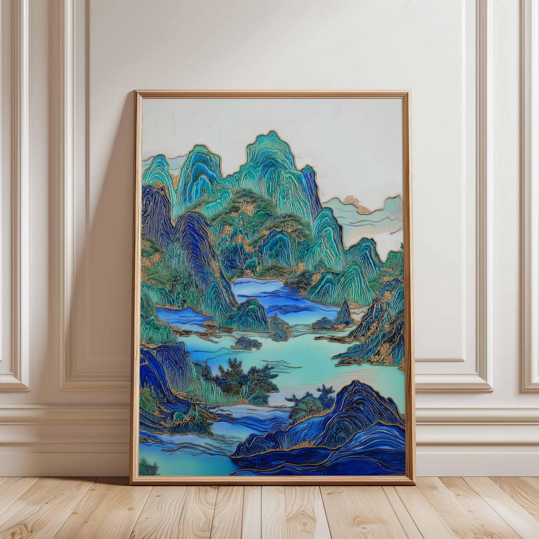 Japanese Mountain Lake Poster Blue Green Asian Landscape Wall Art ...