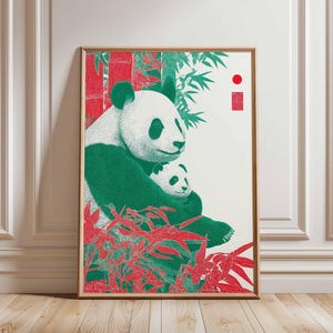 Panda Bear Mother and Baby Poster, Japanese Bamboo Art Print, Red and Green Nursery Animal Wall Decor