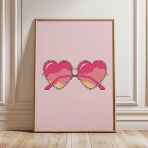 Heart Sunglasses Poster, Pink Aesthetic Wall Art, Cute Retro Summer Print, Fun Girl Room Decor, Playful Fashion Illustration