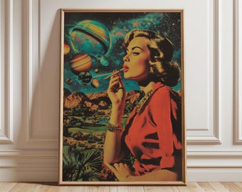 Retro Space Art Poster, Vintage Surreal Collage Print, Cosmic Pop Art Wall Decor