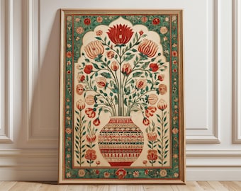 Persisk blommig väggkonst, röd & grön orientalisk vasposter, mellanöstern botaniskt mönstertryck