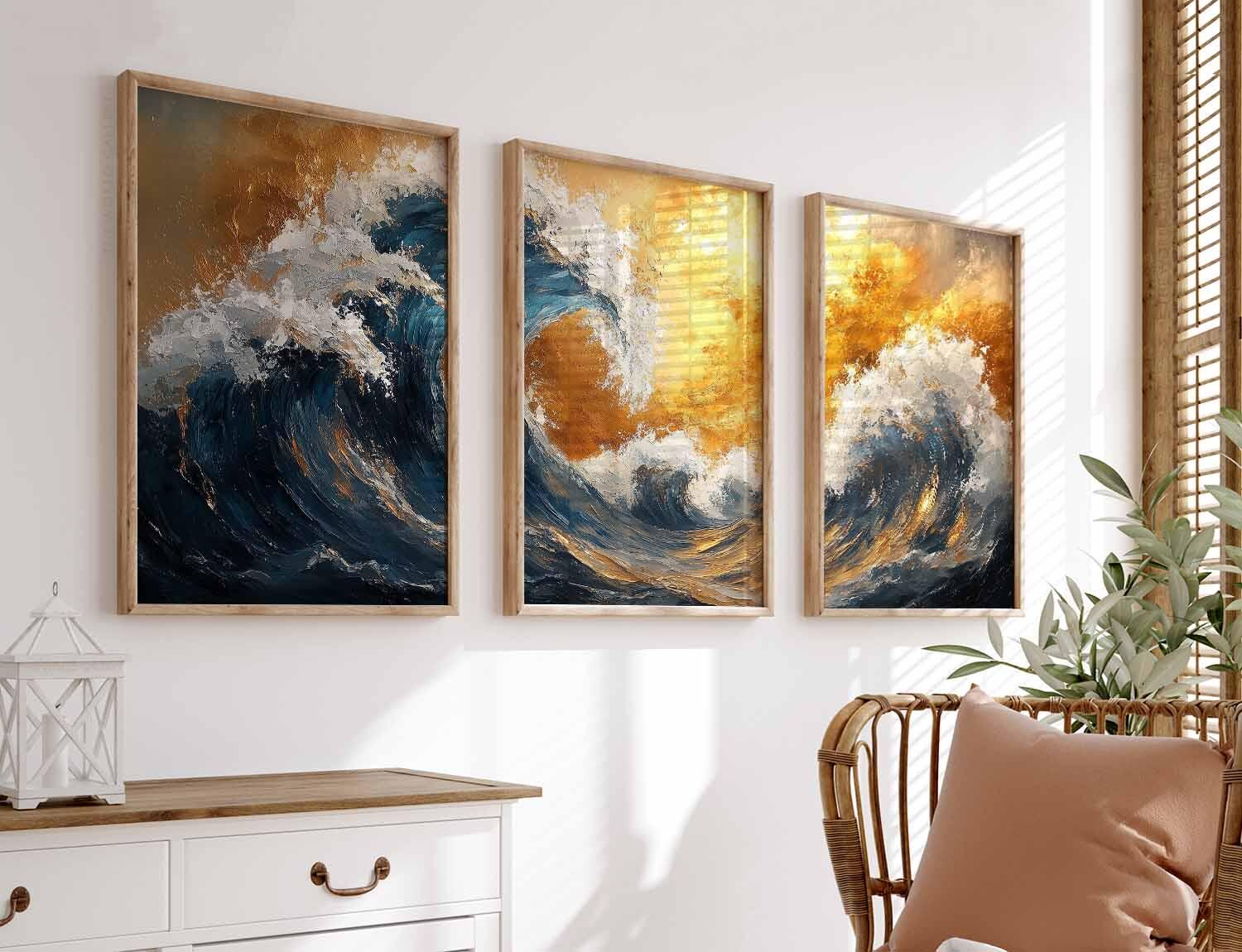 Japanese Art Set of 3, Ocean Wave Art Set, Gold and Blue Abstract ...