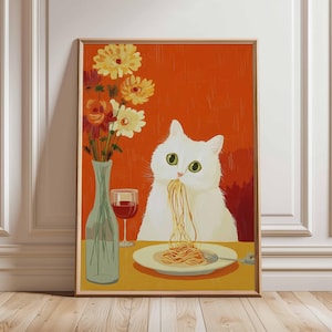 Cat Eating Spaghetti Poster, Funny Kitchen Wall Art, Whimsical Cat Dining Print, Cute Animal Pasta Illustration, Quirky Foodie Home Decor