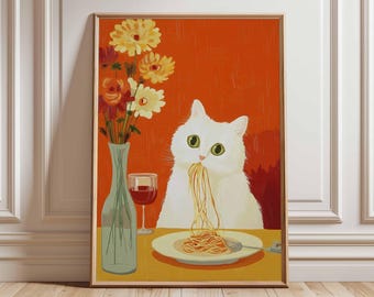 Cat Eating Spaghetti Poster, Funny Kitchen Wall Art, Whimsical Cat Dining Print, Cute Animal Pasta Illustration, Quirky Foodie Home Decor