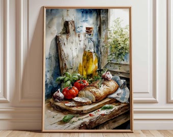 Rustic Kitchen Wall Art Print, Still Life Bread and Tomato Poster, Mediterranean Food Painting, Farmhouse Dining Room Decor