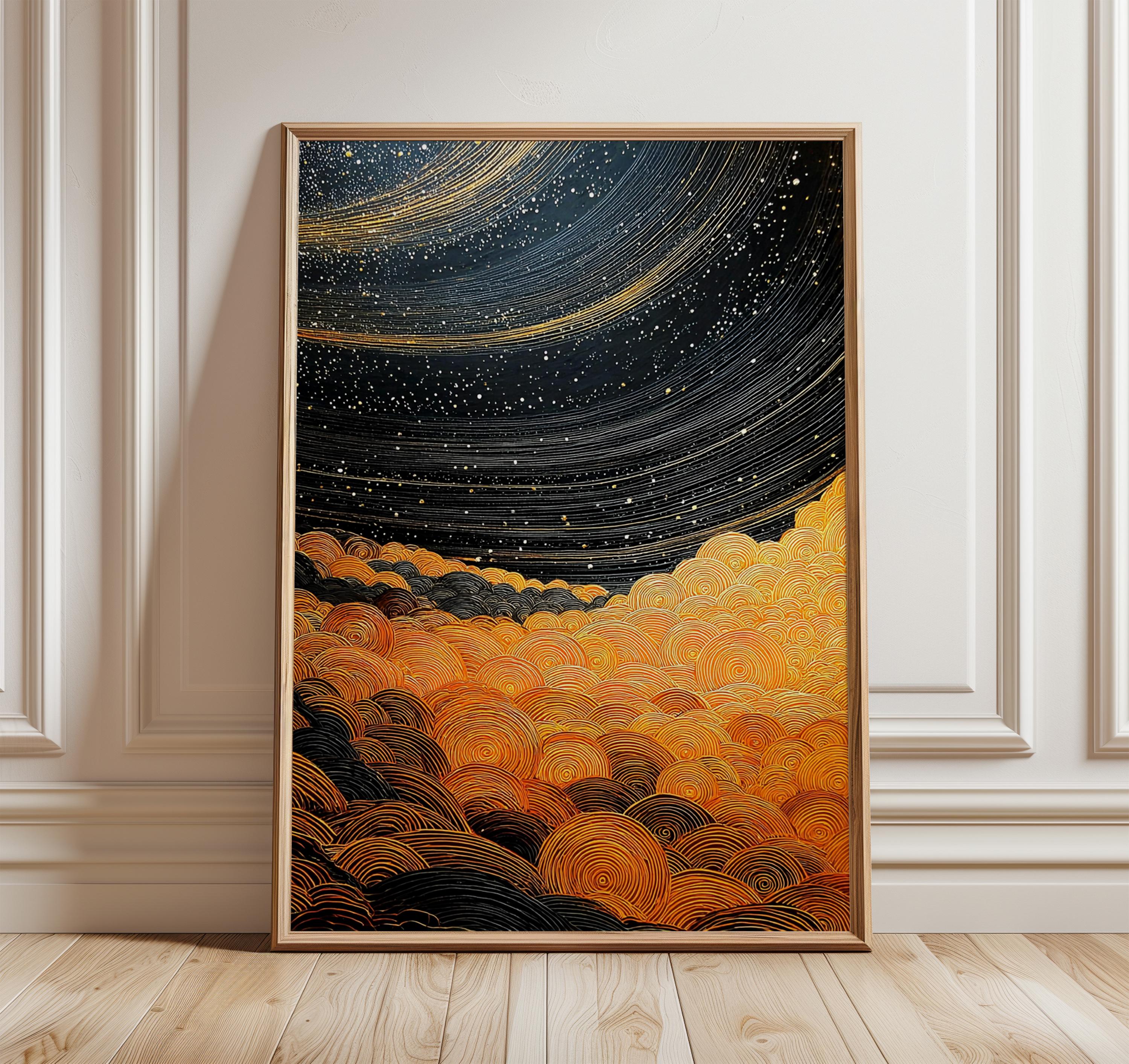Black Gold Abstract Night Sky Art Print, Cosmic Galaxy Poster