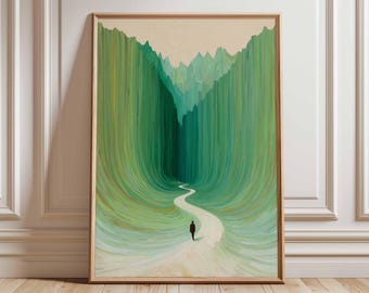 Abstrakt väggkonst, grönt landskapsaffisch, modernt naturtryck, minimalistiskt konstverk med bergsstig, samtida naturväggdekoration