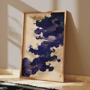 Konstposter med lila moln, abstrakt japansk målning, mystisk molnväggdekor, eleganta lila virvlar, modern heminredning bild 4
