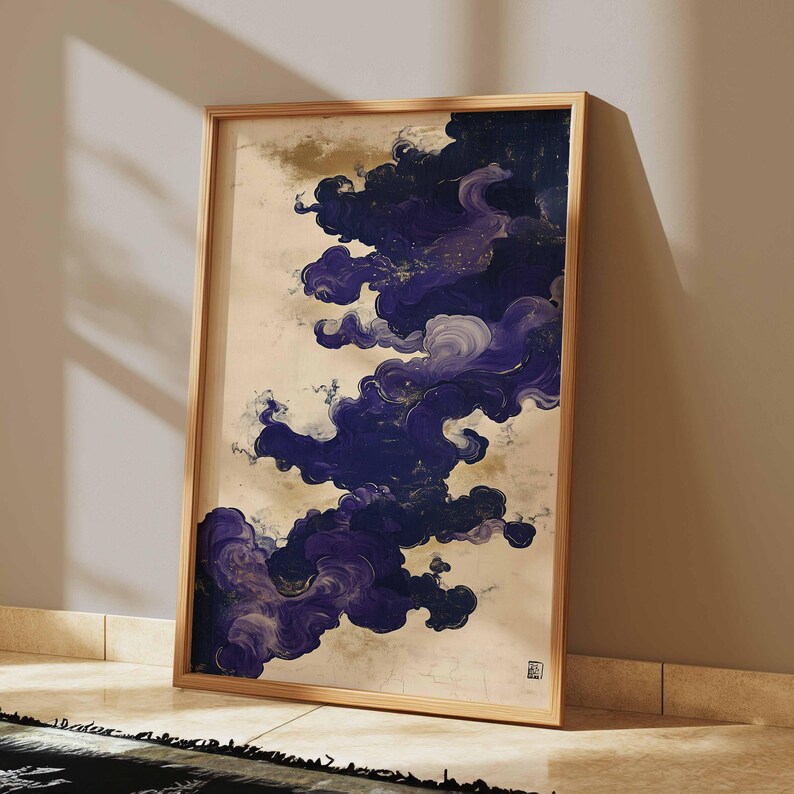 Konstposter med lila moln, abstrakt japansk målning, mystisk molnväggdekor, eleganta lila virvlar, modern heminredning bild 4
