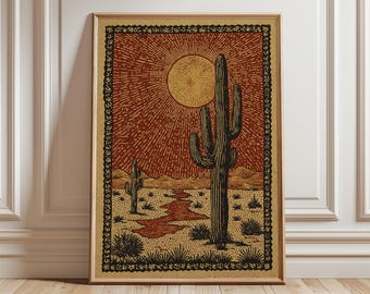 Desert Cactus Sun Poster, rustic southwest wall art print in folk illustration style