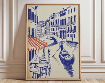Venice Gondola Poster – Italian Canal Wall Art, Venice Travel Print, Gondolier Illustration, Vintage Italy Cityscape Poster Home Decor