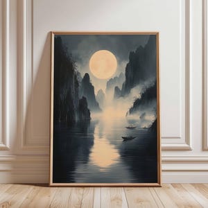 Serene Japanese Landscape Poster, Moonlit River, Traditional Japanese Art Style, Tranquil Wall Decor, Misty Mountains Art Print