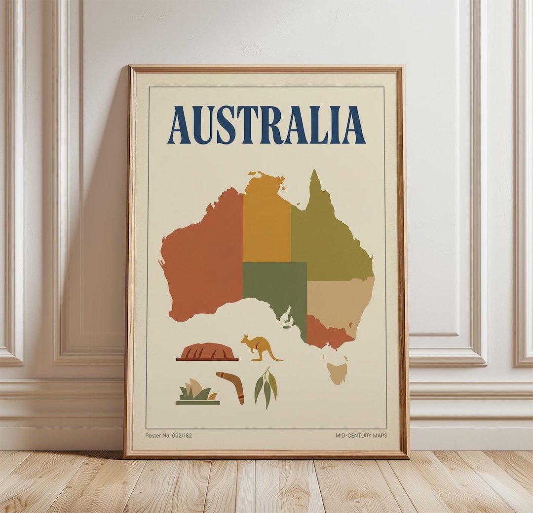 Australia Travel Poster, Vintage Map Wall Art Print, Coastal Wave ...