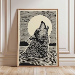 Pôster de lobo uivando para a lua, arte de parede da natureza em preto e branco, impressão de animais selvagens