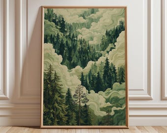 Misty Pine Forest Poster, green nature landscape wall art for Living Room Bedroom Office