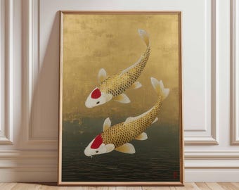 May include: Framed artwork featuring two golden koi fish with red markings on their heads, set against a gold and dark green background. The artwork is in a wooden frame, evoking a sense of traditional Japanese art.